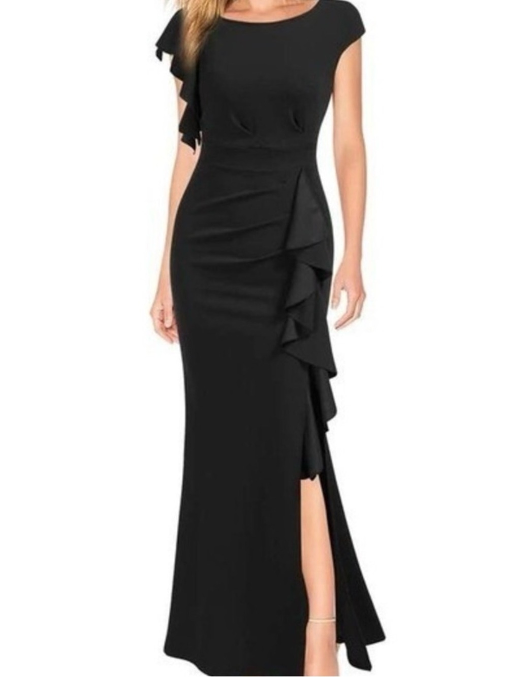 Women's Black Ruffle-Side Maxi Dress with Cap Sleeves